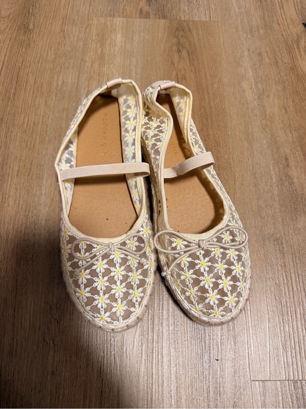 Beige Floral Mesh Mary Jane Flats